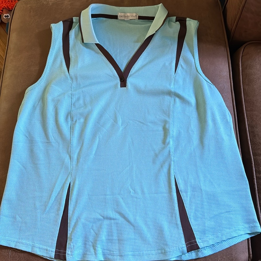 Aqua and brown golf shirt.